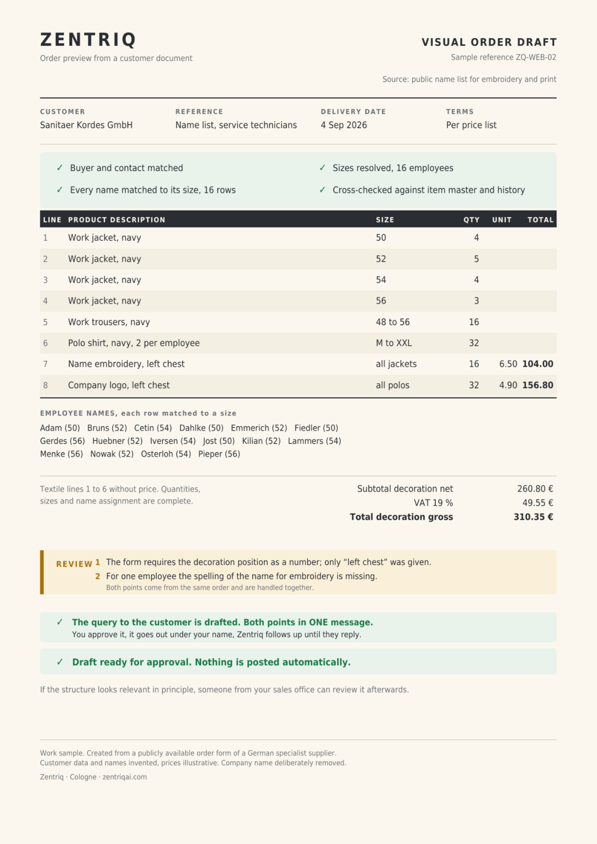 Order draft for workwear with employee sizes and marked review points