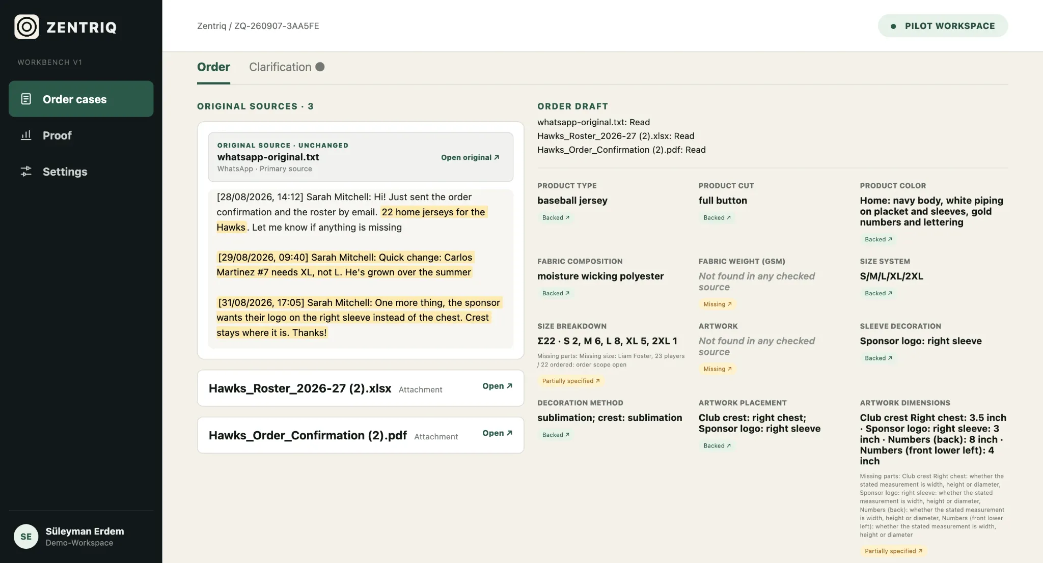 Zentriq workbench: WhatsApp, Excel and PDF as original sources on the left, the order draft with a source per value on the right