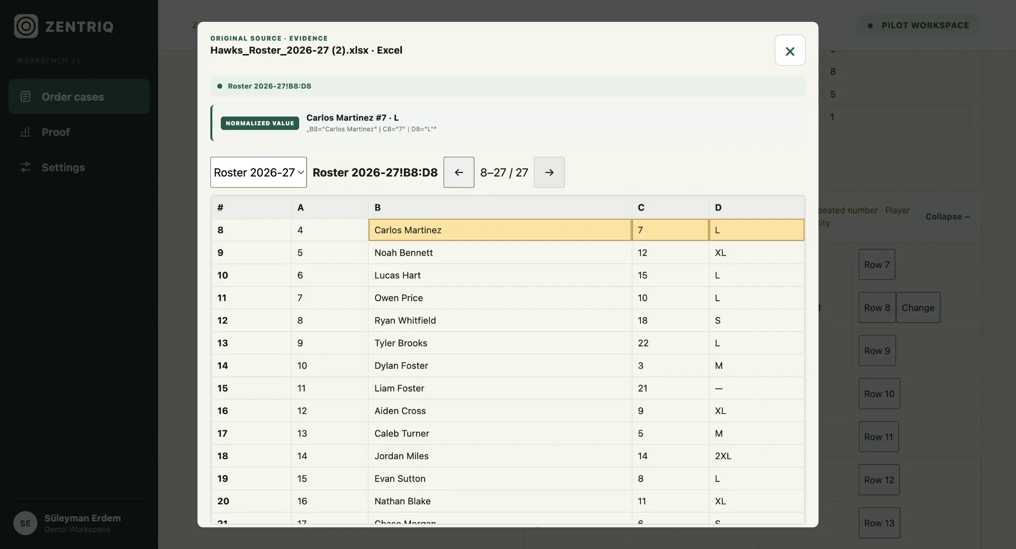 Evidence in Excel: Carlos Martinez, number 7, size L