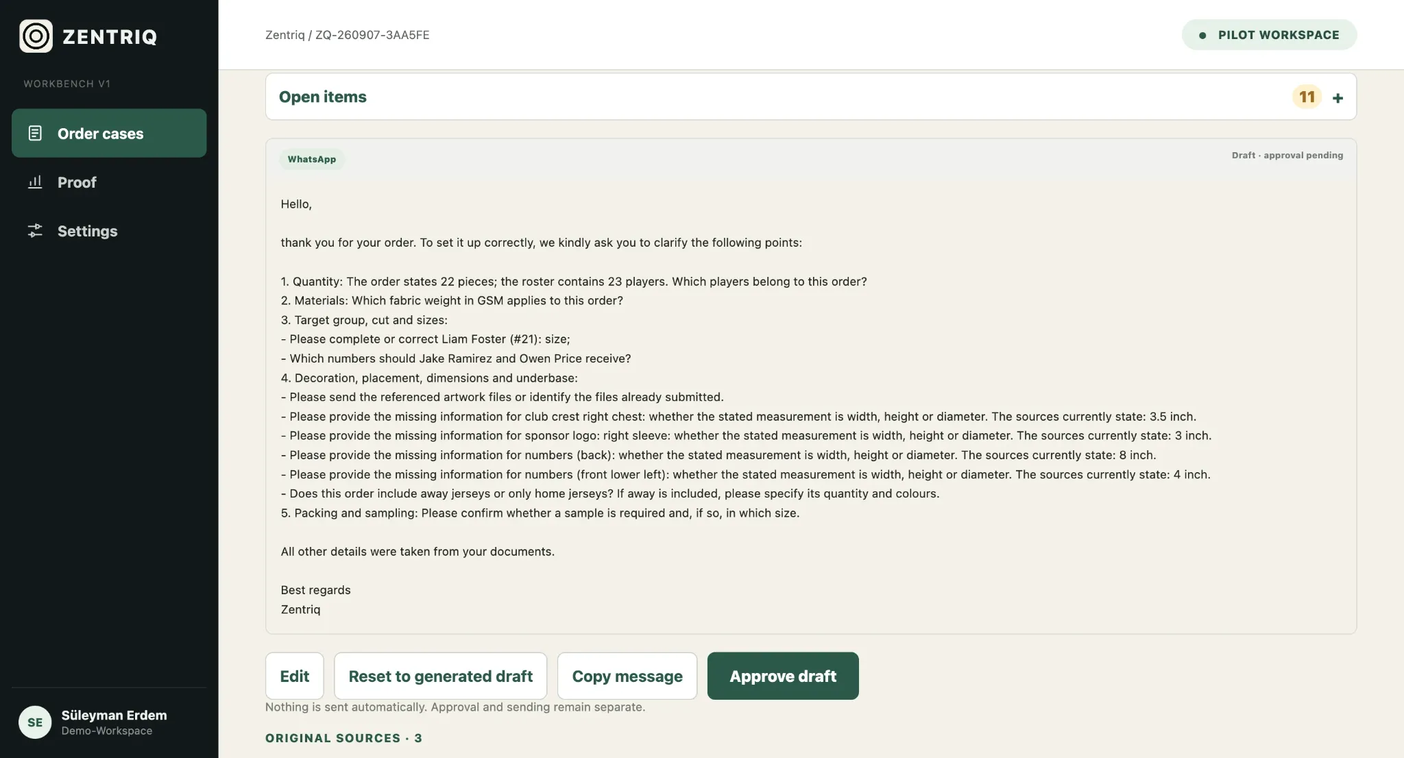 Zentriq workbench: finished clarification message to the customer with every open point in one message